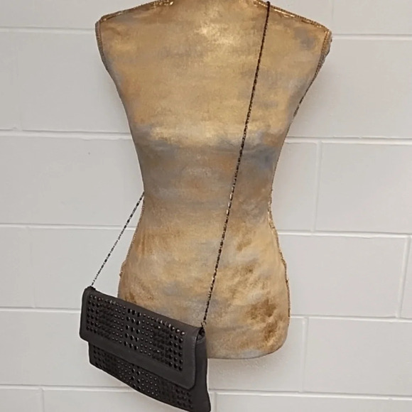 Gray Clutch Crossbody bag Gunmetal Studs Black Faceted Stones Removable Chain - Picture 11 of 11